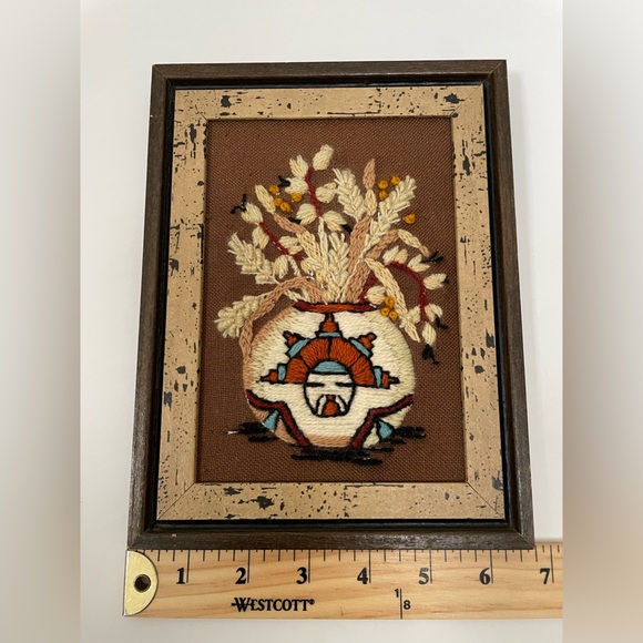 Vintage  Crewel Embroidery Southwest Native Design Framed Wall Art - Picture 3 of 4